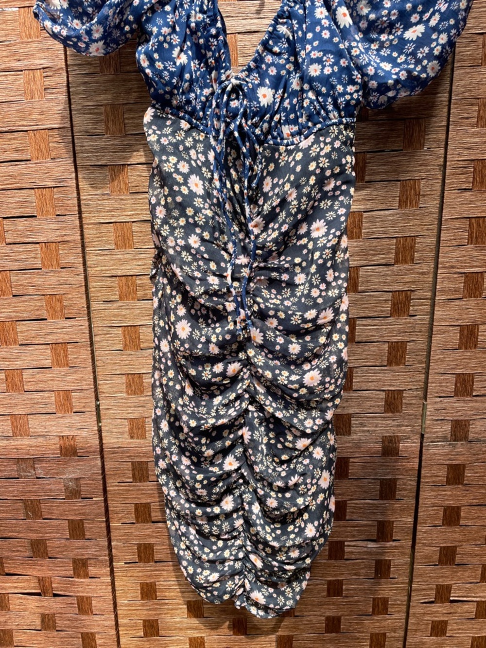 Free People Floral Puff-Sleeve Navy Women’s Ruched Dress Top - Picture 5 of 10